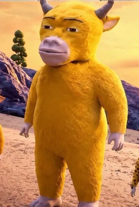 A 3D animated yellow furry creature with horns and a pig-like snout stands in a desert landscape with mountains in the background.