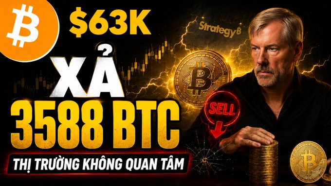 The image is a YouTube thumbnail featuring a man beside a Bitcoin-themed graphic with dramatic lightning, displaying the text "$63K," "XÀ 3588 BTC," and "SELL" alongside the Vietnamese tagline "THỊ TRƯỜNG KHÔNG QUAN TÂM." It visually represents the video's topic of Michael Saylor allegedly selling 3,588 BTC at $63K while the market remains unconcerned, paired with promotional links for OKX and a Spotify podcast episode.