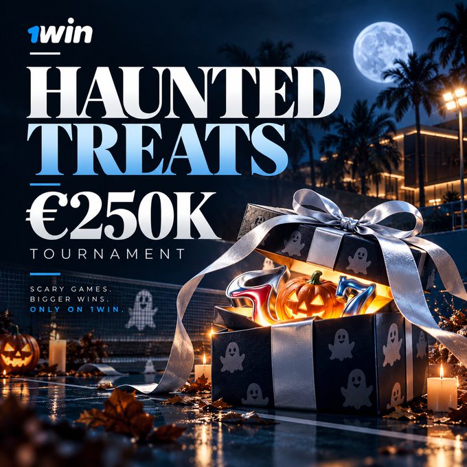 A promotional banner for '1win HAUNTED TREATS €250K TOURNAMENT' featuring a black gift box with ghost patterns, a jack-o'-lantern, and candles set against a nighttime scene with a full moon and palm trees.