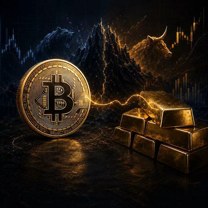 The image features a golden Bitcoin coin and stacked gold bars set against a dramatic backdrop of mountains, a bull, and candlestick trading charts, visually representing the "battle for $80,000" between Bitcoin bulls and bears. The imagery mirrors the post's description of BTC's surge to $80,000 followed by a pullback, with the gold bars and struggling candlestick charts symbolizing the tension between buyers and short sellers.