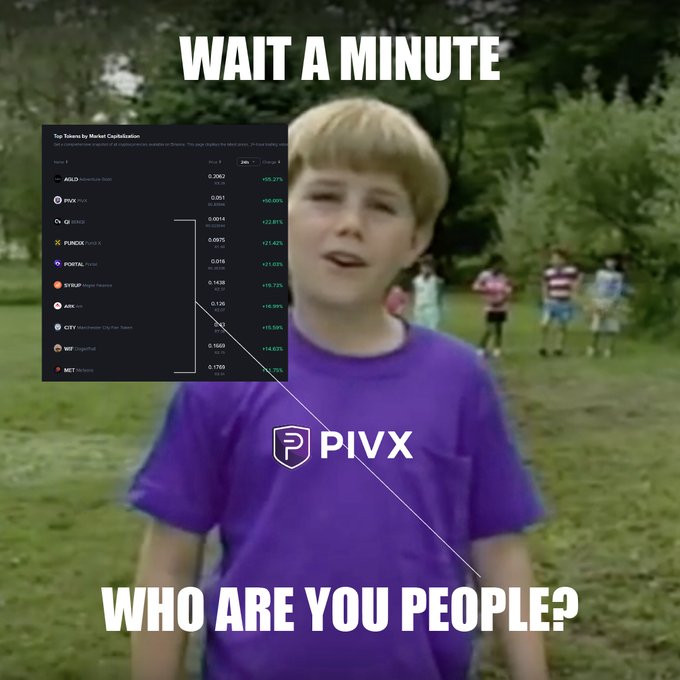 The image shows the "Wait a minute... who are you people?" meme featuring a boy in a purple PIVX shirt, with an overlaid screenshot of CoinGecko's "Top Tokens by Market Capitalization" list showing PIVX ranked 2nd behind AVAX with a +50.00% change, humorously highlighting PIVX's surprising market cap position in relation to the post's playful "To the moon?" commentary.