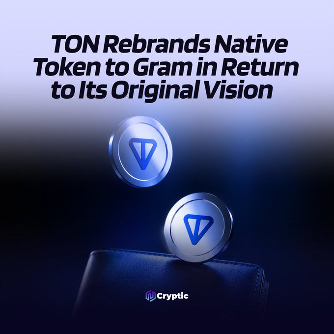 The image features two coins from the TON cryptocurrency project, which are being rebranded as tokens to Gram. The coins are placed on top of a wallet, with the text "TON REBRANDNS NATIVE TOKEN TOGAM IN RETURN TO IT'S ORIGINAL VISION" written above them. This suggests that the coins have been renamed and are now associated with Gram, which is part of the TON ecosystem. The image also includes a caption about the transition to Gram as part of a broader ecosystem roadmap.