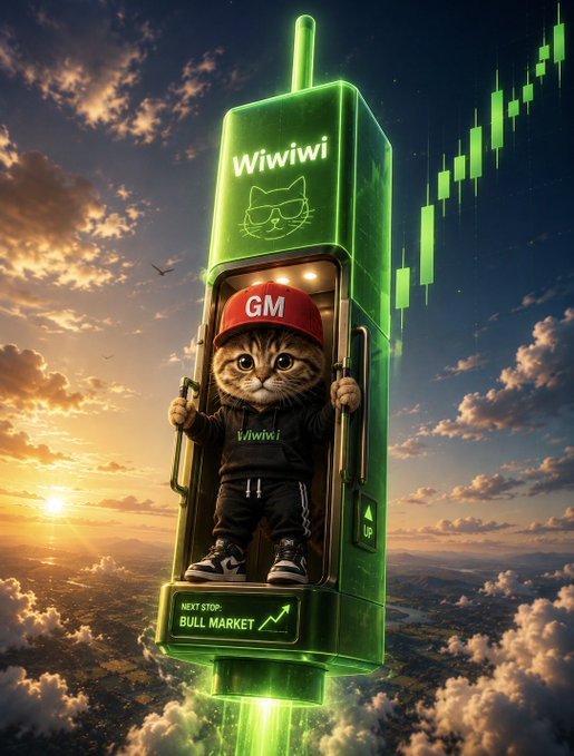 A determined tabby cat wearing a "GM" cap rides an ascending elevator to the moon, labeled "Wiwivi" with a glowing green candlestick chart soaring upward and a sign reading "NEXT STOP: BULL MARKET"—perfectly capturing the post's message that bullish momentum is already in motion, so there's no need to chase the "green."