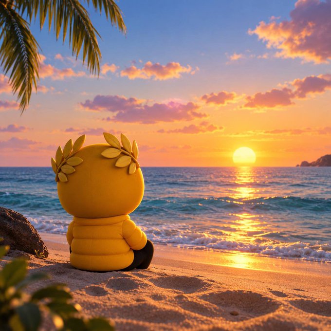 Photorealistic image of a yellow duck character wearing a golden laurel wreath, sitting on a sandy beach at sunset watching the ocean, with palm leaves framing the scene.