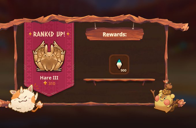The image features a cartoon-like scene of a wooden frame with two cartoon characters, a cat and a bird, sitting next to each other. The background of the image is dark brown, giving it an artistic touch. In the center of the image, there's a banner that reads "Ranked Up! Rewards: HARE III". Below this banner, there are two rewards displayed - one for the character "Hare III" and another for the character "Atias". The text also mentions that the game is fun to play and can be enjoyed by players.