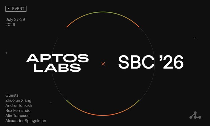 Promotional graphic announcing Aptos Labs' participation at the Science of Blockchain Conference 2026 (SBC '26), held July 27-29, 2026, featuring guest speakers Zhuolun Xiang, Andrei Tonkikh, Rex Fernando, Alin Tomescu, and Alexander Spiegelman, with a circular gradient design matching the post's event details.
