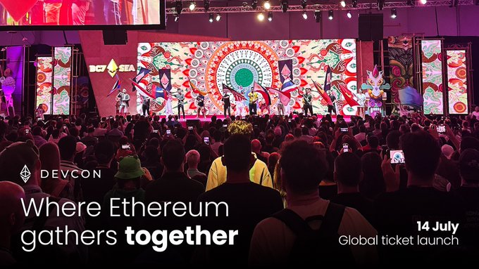 DEVCON event promotional graphic with text "Where Ethereum gathers together" announcing a 14 July global ticket launch, showing a crowded conference stage with vibrant displays.