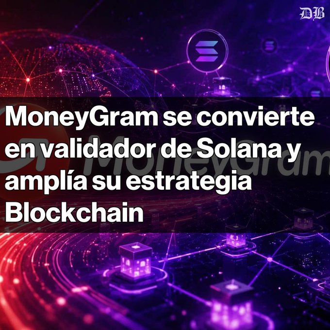 This image features a purple and red background with a text overlay that reads "MoneyGram se convierte en validador de Solana y amplía su estrategia de pagos con stablecoins." The main focus of the image is on the purple and red dots, which represent the blockchain. This suggests that MoneyGram has recently been involved in using the blockchain for its transactions.