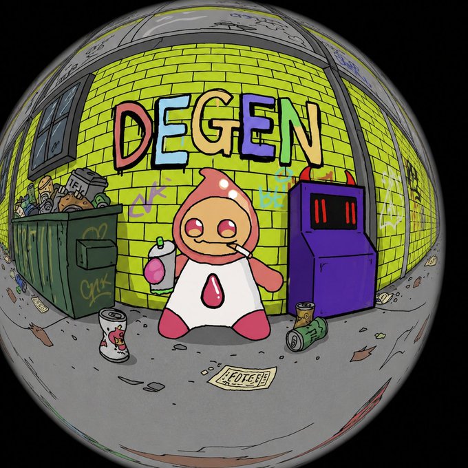 A circular cartoon illustration shows a character in a strawberry costume drinking a beverage in an alley with the word 'DEGEN' spray-painted on the brick wall behind them.