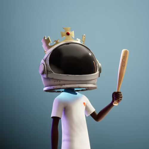A 3D-rendered figure wearing an astronaut helmet with a crown on top holds up a baseball bat.
