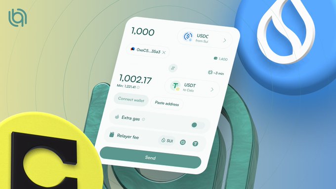 A promotional graphic for a Sui wallet app shows a cryptocurrency transaction interface converting USDC to USDT, with the Sui logo displayed prominently.