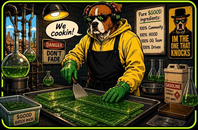 A stylized illustration depicts a dog in a yellow hazmat suit cooking green substances in a lab setting, with signs reading 'We cookin!', 'DANGER DON'T FADE', 'Pure $GOOD ingredients: 100% Community, 100% HOOD, 100% OG Team, 100% Driven', 'GASOLINE', 'IM THE ONE THAT KNOCKS', and '$GOOD BATCH #420'.