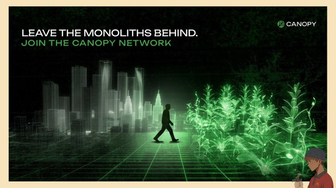 A promotional graphic for 'CANOPY' with the tagline 'LEAVE THE MONOLITHS BEHIND. JOIN THE CANOPY NETWORK' shows a silhouette walking between a wireframe city skyline and glowing green plants.