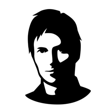 A black and white stylized silhouette portrait of a young man's face and shoulders.