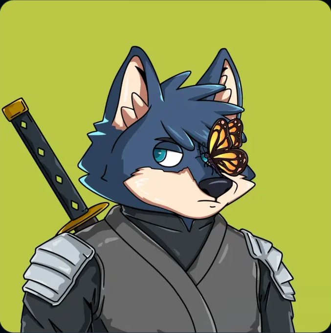 A cartoon-style digital illustration of a blue anthropomorphic wolf/fox character with green eyes, wearing dark armor and carrying a katana on its back, with a monarch butterfly resting on its face, set against a green background.