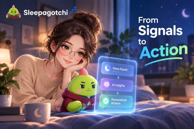 An animated promotional graphic for 'Sleepagotchi' shows a woman and a green mascot character alongside the text 'From Signals to Action' with labels 'Sleep Signals', 'AI Insights', and 'Personalized Actions'.