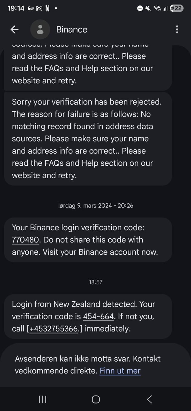 Screenshot of Binance SMS messages showing a verification rejection notice ('No matching record found in address data sources'), a login verification code (770480), and a suspicious 'Login from New Zealand detected' message with code 454-664.