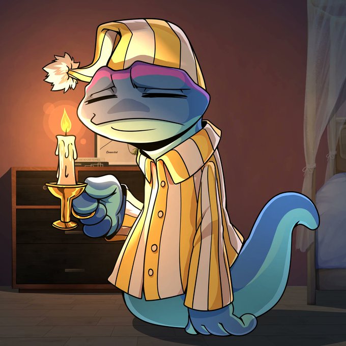 A digital illustration of a blue lizard-like character wearing a striped nightcap and pajamas, peacefully holding a lit candle in a dimly lit bedroom setting.
