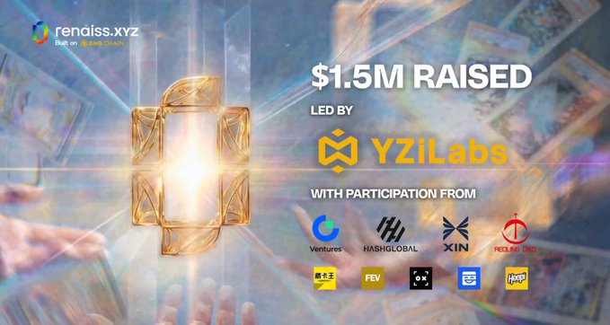 A promotional graphic for Renaiss.xyz announcing "$1.5M RAISED" led by YZILabs, with participation from Ventures, HashGlobal, XIN, Feelmingoo, FEV, Hopin, and others, featuring a glowing 3D emblem over a backdrop of trading cards.

The image, which celebrates Renaiss.xyz's $1.5M funding milestone, ties into the post's advice to explore the Renaiss Marketplace and study card prices/grading before opening packs—aligning with the platform's focus on transparent trading card markets.