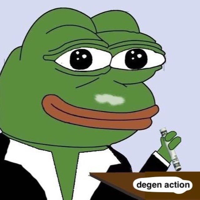 A Pepe the Frog meme dressed in a suit holding a marker, with the caption 'degen action' displayed at the bottom.