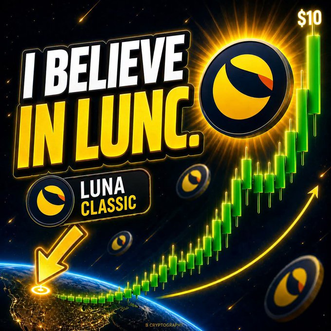 A promotional cryptocurrency graphic reading 'I BELIEVE IN LUNC' and 'LUNA CLASSIC' with a green candlestick chart showing upward price movement, valued at $10, set against a space background with Earth visible.