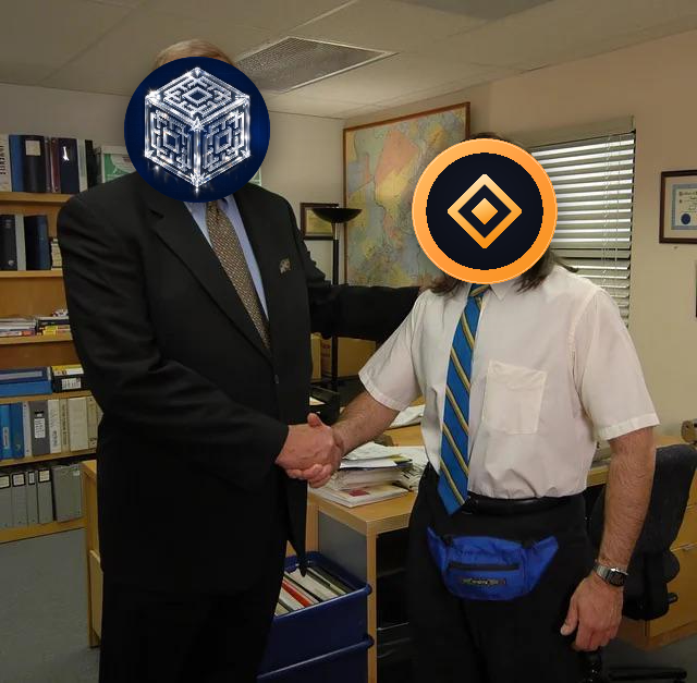 Two men in business attire shake hands in an office setting, with their faces obscured by the EmblemVault logo and the RareBtcAssets (RARE) diamond emblem, visually representing the unification of Ordinals, Stamps, and Counterparty Bitcoin art trades under one platform.