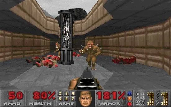 A screenshot from a first-person shooter game resembling the classic DOOM, showing the player holding a weapon facing a demon-like enemy in a stone corridor with bodies on the floor, and a HUD displaying stats like "50 AMMO," "80% HEALTH," "181% ARMOR," and weapon/item counts. The image illustrates the 1990s-style DOOM gameplay that has been adapted to integrate with the $XLM blockchain, as described in the post.