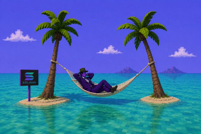 A pixel-art style image of a figure in a purple suit relaxing in a hammock strung between two palm trees on a small island, with a 'SOLANA' logo sign.