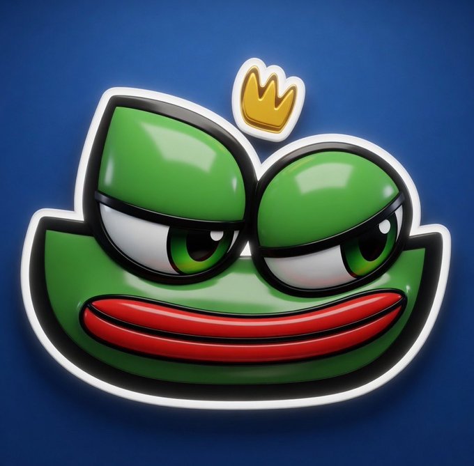 A cartoonish green frog face sticker with half-lidded eyes, a red mouth, and a small gold crown on top, set against a dark blue background.