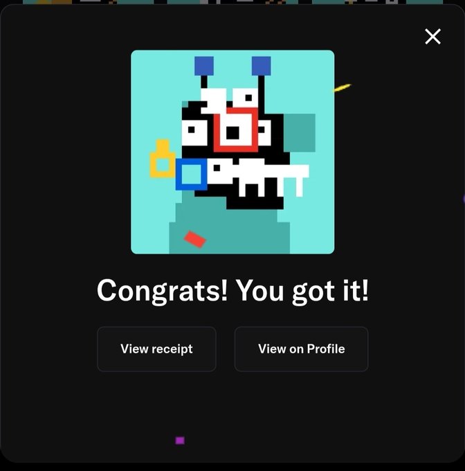 A digital popup displays "Congrats! You got it!" above a pixel-art NFT featuring a stylized black-and-white creature with blue antennae on a teal background, with "View receipt" and "View on Profile" buttons below—confirming a successful NFT acquisition matching the user's excitement about receiving a new digital collectible.