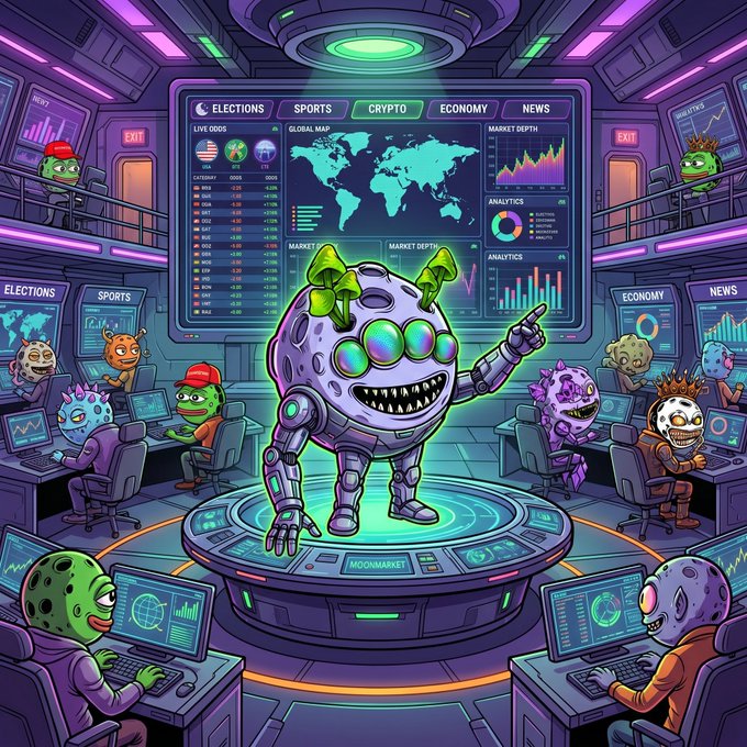 A cartoonish robot with green horns stands on a glowing "MOONMARKET" platform, pointing toward a central screen displaying "ELECTIONS, SPORTS, CRYPTO, ECONOMY, NEWS" along with a world map and market data charts, surrounded by diverse character traders at their workstations. The image visually reinforces the post's hype by depicting MoonMarket as a futuristic, all-in-one prediction market hub where traders gather to capitalize on the promised "major alpha."