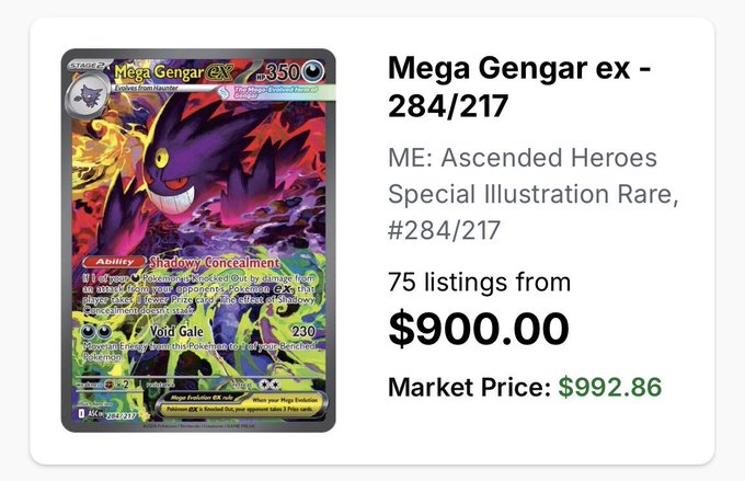 A product listing for a 'Mega Gengar ex - 284/217' Pokémon card from the 'ME: Ascended Heroes' set, with 75 listings starting from $900.00 and a market price of $992.86.