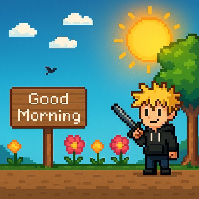 A pixel art illustration of a blonde character in a black hoodie holding a bat next to a wooden 'Good Morning' sign, with a bright sun, clouds, and flowers in the background.