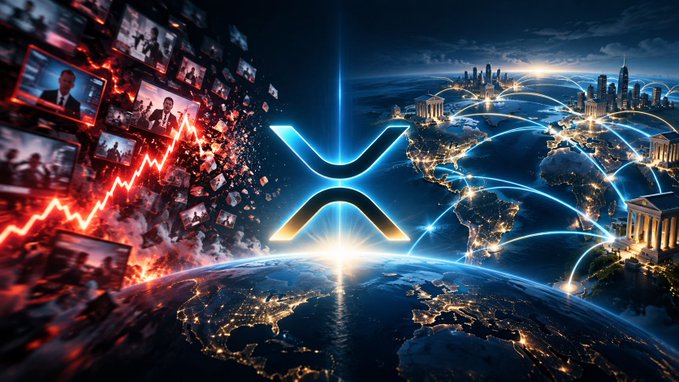 A stylized digital artwork featuring the glowing XRP logo centered over Earth, with blue light trails connecting global cities, a downward red chart with news thumbnails on the left, and iconic skylines on the right.