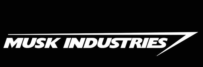 A white logo on a black background reading 'MUSK INDUSTRIES' with a stylized angled line extending from the text.