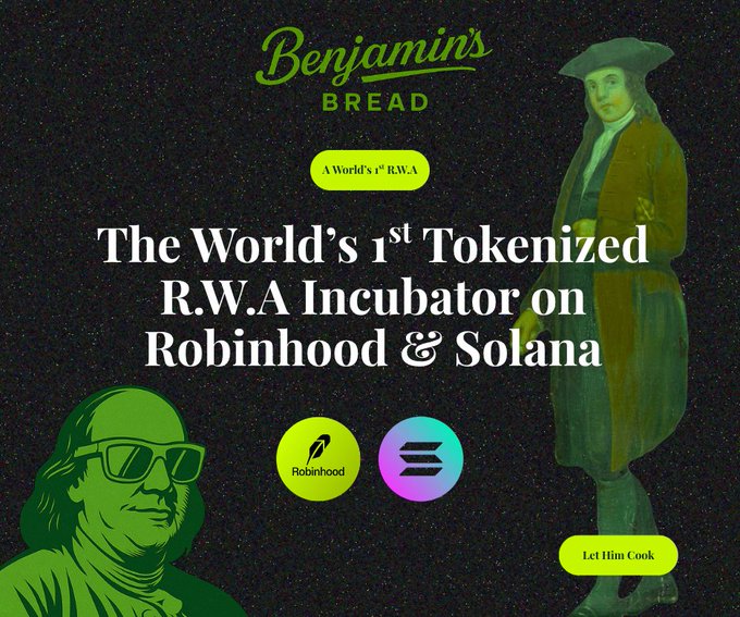 Promotional graphic for 'Benjamin's Bread' titled 'A World's 1st R.W.A' and 'The World's 1st Tokenized R.W.A Incubator on Robinhood & Solana,' featuring the Benjamin Franklin meme character and logos for Robinhood and Solana, with a 'Let Him Cook' button.