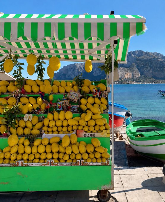 A vibrant lemon stand with a green and white striped awning sits by the sea, displaying piles of bright yellow lemons.
