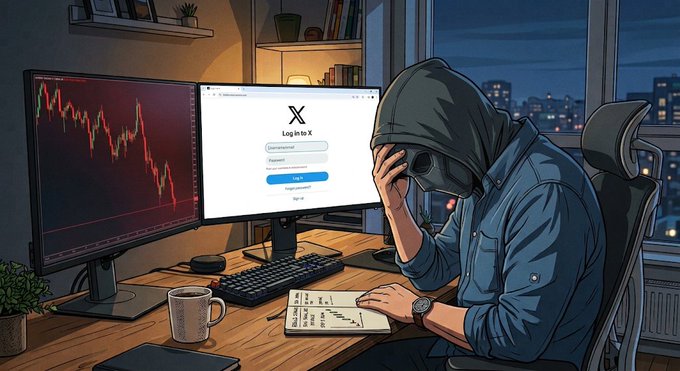 A digital illustration of a distressed man in a hoodie holding his head in his hands at a desk with two monitors; one displays a red stock/crypto chart while the other shows the X (Twitter) login screen.