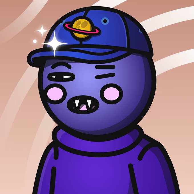 A cartoon illustration of a purple character wearing a blue cap featuring a Saturn planet, with sharp teeth showing.