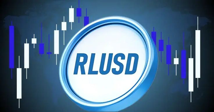 A stylized graphic features the ticker "RLUSD" prominently displayed in a glowing blue circular badge, surrounded by candlestick chart patterns in blue and white against a dark background. The image visually reinforces the announcement by highlighting Ripple's USD stablecoin amid trading chart imagery, symbolizing its new listing on Upbit's KRW, BTC, and USDT markets.