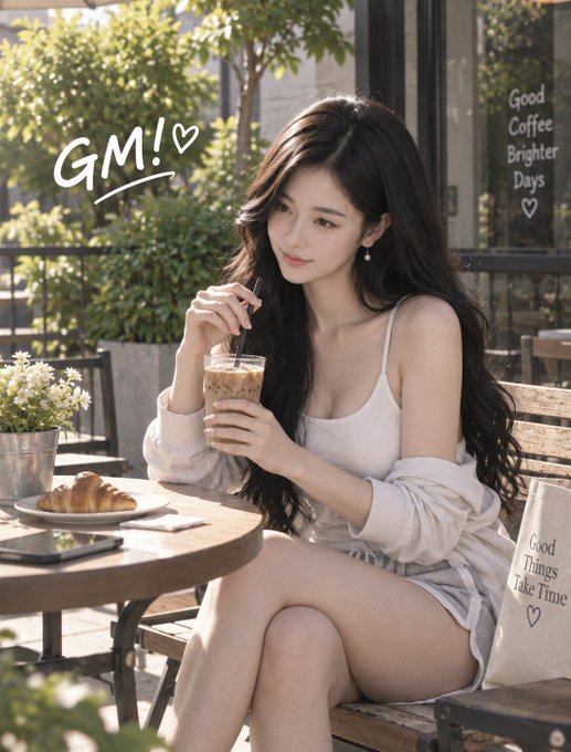 A young woman in a white top enjoying an iced coffee at a café with the text 'GM! ♡', 'Good Coffee Brighter Days ♡', and 'Good Things Take Time ♡' decorating the scene.