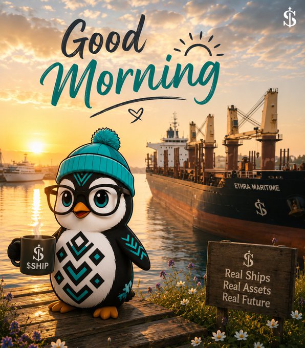 A cartoon penguin in a teal beanie and glasses holding a "SSHIP" mug stands beside a wooden sign reading "Real Ships, Real Assets, Real Future" at a sunny harbor featuring a large vessel labeled "ETHRA MARITIME." A "Good Morning" greeting and a "$" logo appear in the sky, visually reinforcing the post's message about separating the regulated maritime RWA layer (Ethra) from the $SHIP governance and coordination token.