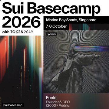 The image is a promotional graphic for "Sui Basecamp 2026" taking place October 7-8 at Marina Bay Sands, Singapore, featuring funkii (Founder & CEO of t2000/Audric) as a speaker. The post relates to the image by announcing funkii as one of four new speakers joining the event, where topics around AI agents, regulation, cryptography, and infrastructure will be discussed.