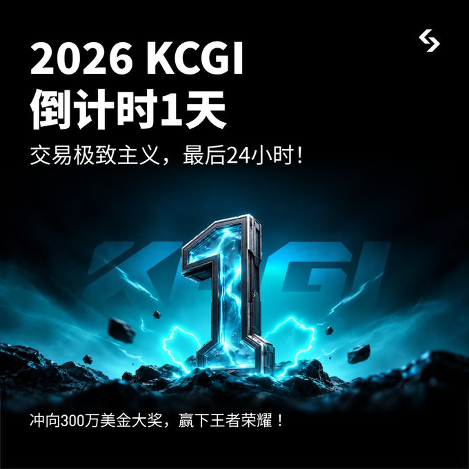 A promotional graphic in Chinese for "2026 KCGI" with a large metallic number "1" surrounded by lightning effects, advertising a trading competition with a $3 million USD prize.