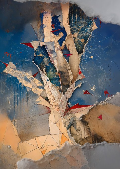 An abstract mixed-media artwork showing a fragmented tree-like structure in shades of blue, gray, and rust with geometric red accents and cracking textures.