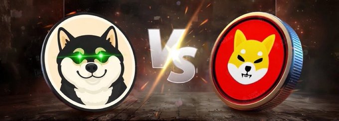 The image depicts a "VS" showdown between two memecoins: a coin featuring a black and white Shiba Inu dog with glowing green laser eyes on the left, and a coin featuring a yellow Shiba Inu dog on a red background on the right. The post warns about missing out on the memecoin $MANYU by hesitating too long, suggesting that the image references the classic Doge vs. Shiba rivalry to highlight $MANYU's potential to surge in value, just like other memecoins that have "deleted zeros" (meaning gained massive multiples).