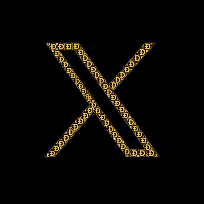 A stylized gold "X" logo filled with repeating "D" letters, representing the Dogecoin (DOGE) ticker, is displayed on a black background — symbolizing the upcoming Dogecoin trading buttons on the X (formerly Twitter) platform.