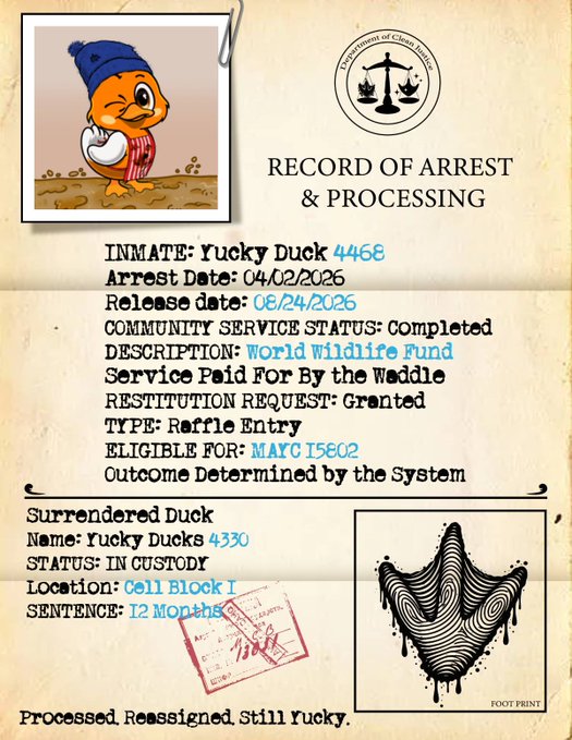A fake 'Record of Arrest & Processing' document for 'Yucky Duck 4468' featuring a cartoon duck wearing a beanie, with details about community service and custody.
