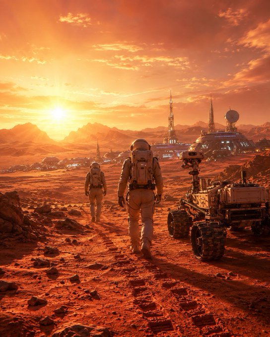 Two astronauts in white suits walk across a red rocky Martian landscape at sunset, with a rover beside them and a futuristic base with antennas in the background.