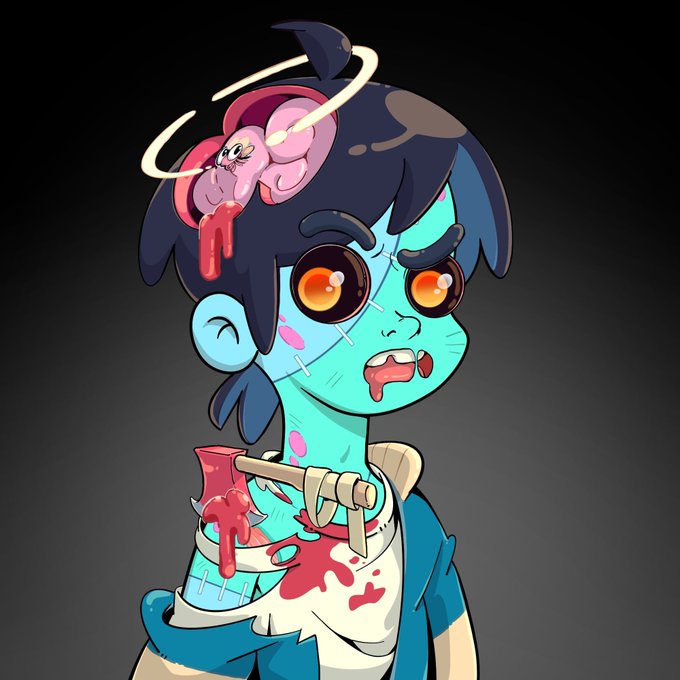A cartoon illustration of a green-skinned zombie-like character with stitches, a halo, and a small pink creature on its head that is dripping blood, holding a bloody axe.